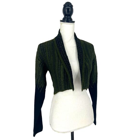 Sarah Pacini Alpaca Blend Green and Black Striped Cropped Cardigan Sweater - Picture 3 of 11